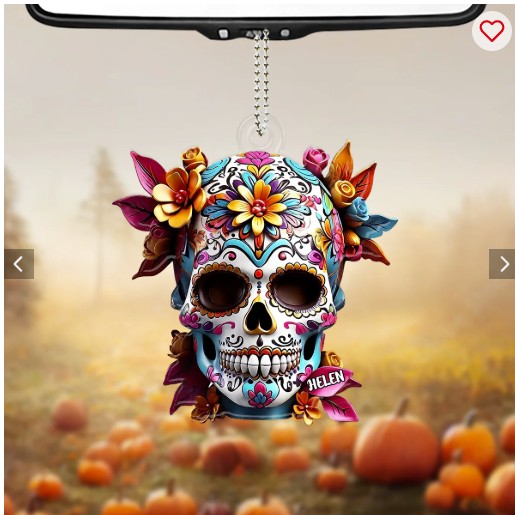 Floral Sugar Skull - Personalized Skull Custom Shaped Car Ornament