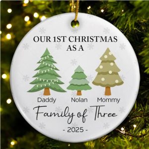 First Christmas As A Family Of Three - Personalized Circle Ceramic Ornament