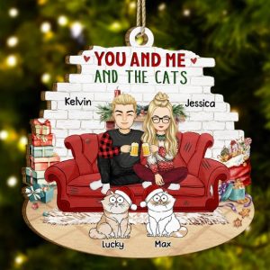 You And Me And The Cats - Personalized Custom Shaped Wooden Ornament