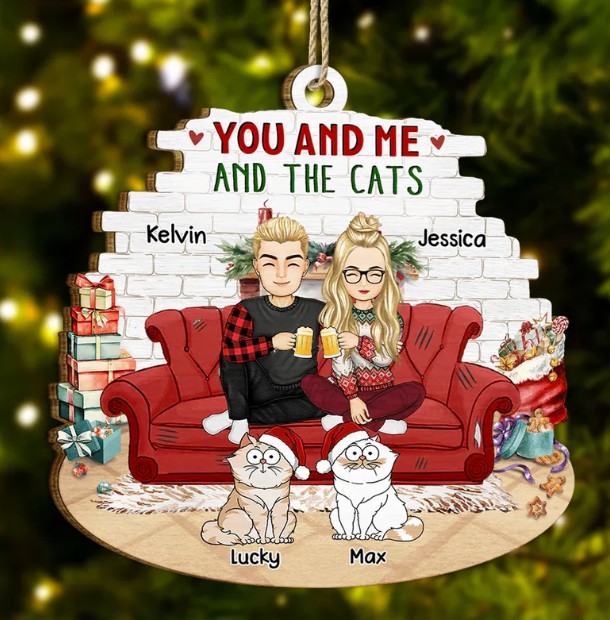 You And Me And The Cats - Personalized Custom Shaped Wooden Ornament