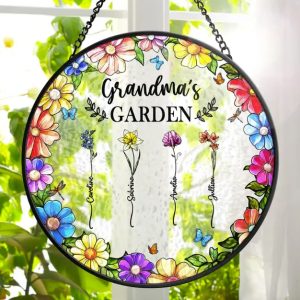 Floral Frame Birth Flower Grandma's Garden - Personalized Stained Glass Window Hanging Suncatcher
