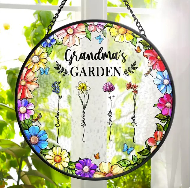 Floral Frame Birth Flower Grandma's Garden - Personalized Stained Glass Window Hanging Suncatcher