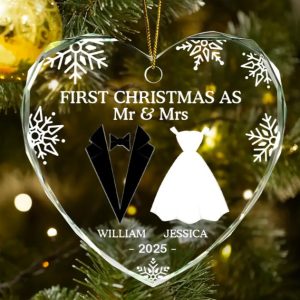 First Christmas As Married Couples - Personalized Heart Shaped Glass Ornament