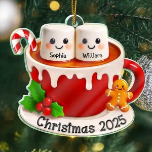 Marshmallow Christmas Hot Cocoa Couple New Married Family - Personalized Custom Shaped Acrylic Ornament