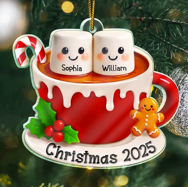 Marshmallow Christmas Hot Cocoa Couple New Married Family - Personalized Custom Shaped Acrylic Ornament