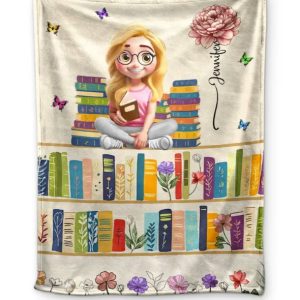 Vintage Bookself Reading Girl With Birth Month Flower - Personalized Fleece Blanket, Sherpa Blanket
