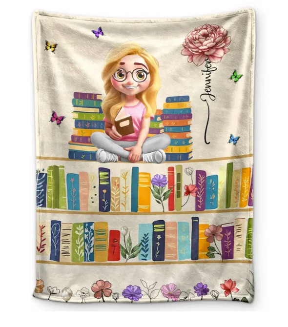 Vintage Bookself Reading Girl With Birth Month Flower - Personalized Fleece Blanket, Sherpa Blanket