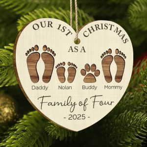 First Christmas As A Family Of Four Footprints - Personalized Custom Shaped Wooden Ornament