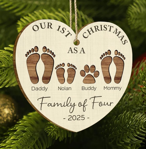 First Christmas As A Family Of Four Footprints - Personalized Custom Shaped Wooden Ornament