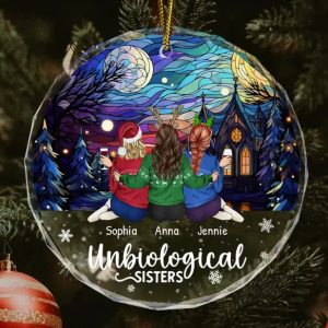 Christmas Unbiological Sister Stained Glass - Personalized Circle Glass Ornament