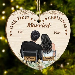 Our First Christmas Married Couples - Personalized Custom Shaped Wooden Ornament