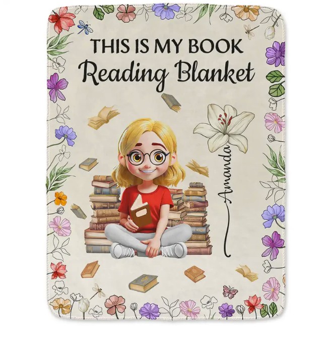 Reading Girl With Birth Month Flowers - Personalized Fleece Blanket, Sherpa Blanket