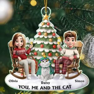 You & Me And The Cats 3D Effect Couple Sitting - Personalized Custom Shaped Acrylic Ornament
