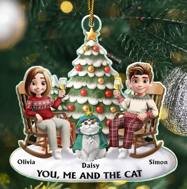 You & Me And The Cats 3D Effect Couple Sitting - Personalized Custom Shaped Acrylic Ornament