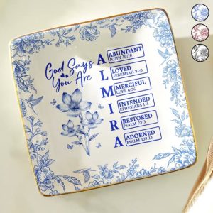 God Says I Am Toile De Jouy Flower - Personalized Ring Dish