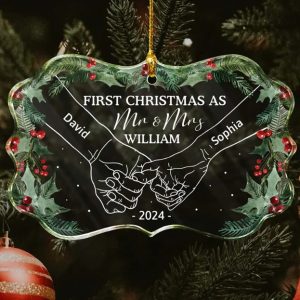 Holding Hands First Christmas As Mr & Mrs Couple - Personalized Medallion Glass Ornament