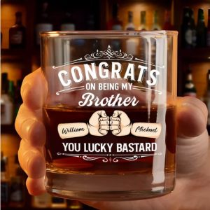 Congrats On Being My Brother You Lucky Man Hand Punch - Personalized Whiskey Glass
