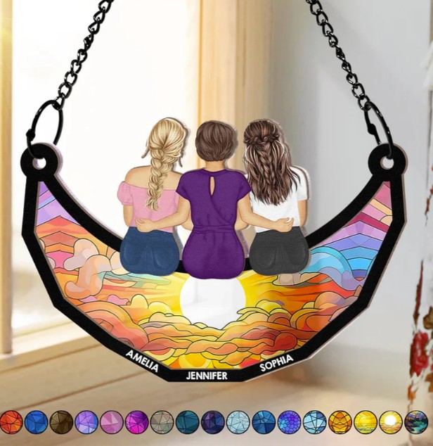 Grandma Mom And Children Sitting On The Moon - Personalized Window Hanging Suncatcher Ornament