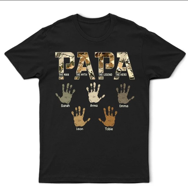 Dad Papa The Man Myth Legend Kid Handprint - Personalized T Shirt