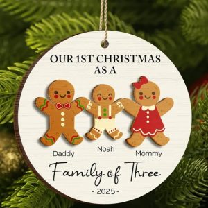 First Christmas As A Family Of Three Gingerbread - Personalized 2-Layered Wooden Ornament