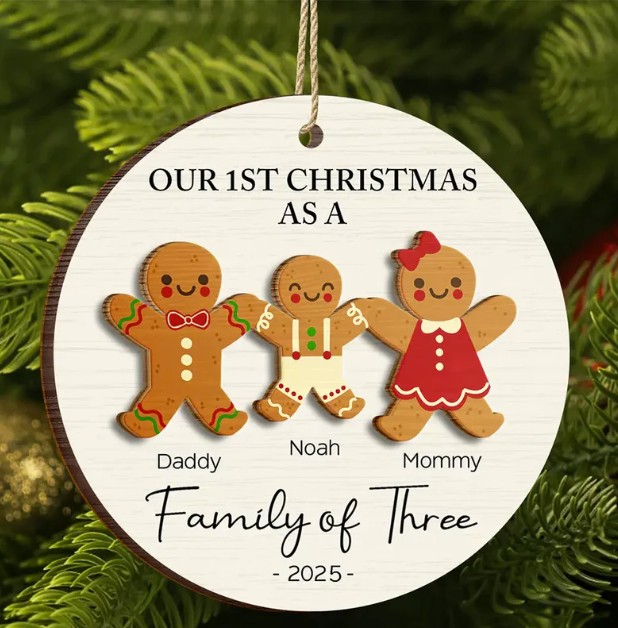 First Christmas As A Family Of Three Gingerbread - Personalized 2-Layered Wooden Ornament