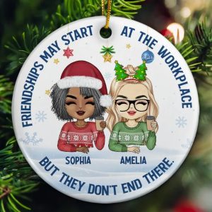 Friendships May Start At The Workplace Christmas Colleagues Chibi - Personalized Circle Ceramic Ornament
