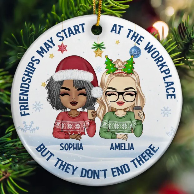 Friendships May Start At The Workplace Christmas Colleagues Chibi - Personalized Circle Ceramic Ornament