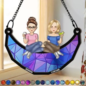 Cartoon Besties Friends Sitting On The Moon - Personalized Window Hanging Suncatcher Ornament