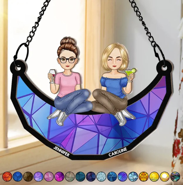 Cartoon Besties Friends Sitting On The Moon - Personalized Window Hanging Suncatcher Ornament