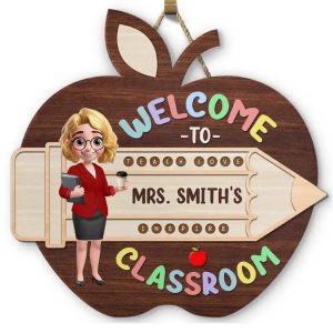 Teacher Apple Class Name - Personalized Custom Shaped Wood Sign